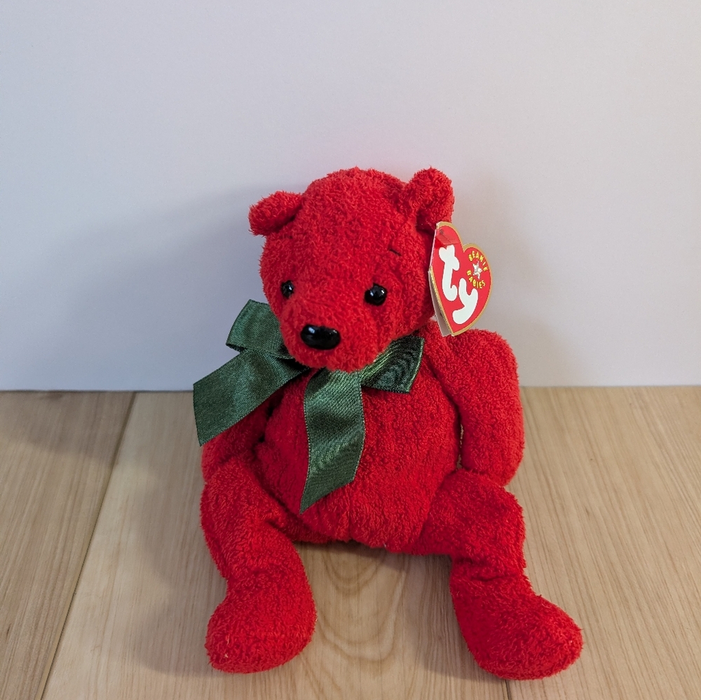 "Mistletoe" Ty Plush Red Bear with Green Ribbon Beanie Baby